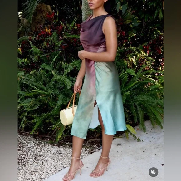 Zara dress midi satin tie dye fitted bodycon casual evening wedding cowl neck - Picture 3 of 13